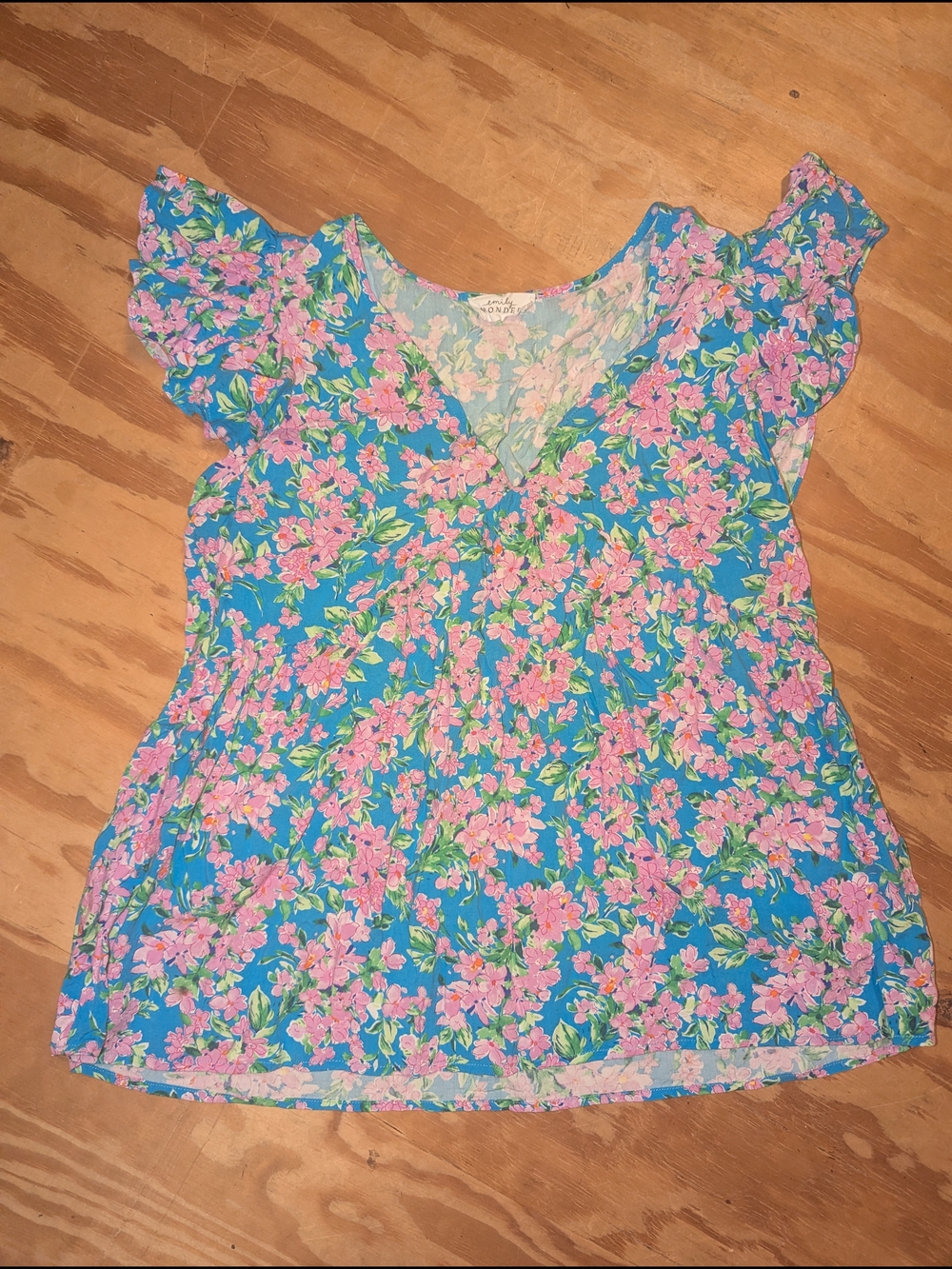 Floral V-Neck Ruffle Sleeve Blouse - Blue & Pink